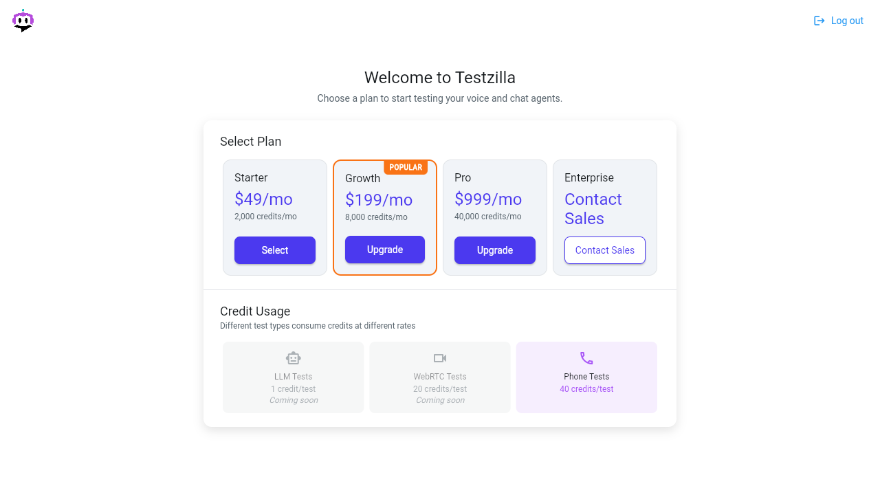 Choosing a plan on the Testzilla paywall