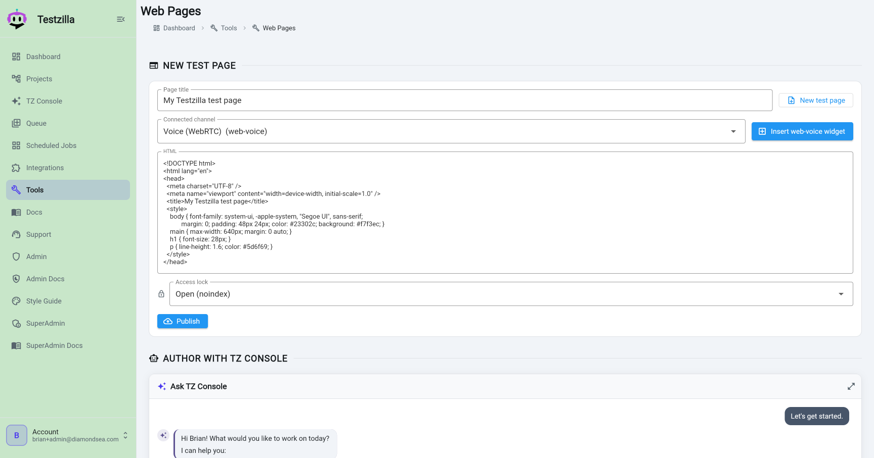 The Web Pages builder: page title, connected channel, HTML, and the Access lock selector set to Open (noindex)
